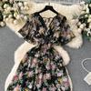 Seaside Holiday Sle Printed Chiffon Dress Women Summer New V-neck Waist Hugging Slimming Mid-Length Large Swing Skirt Fashion