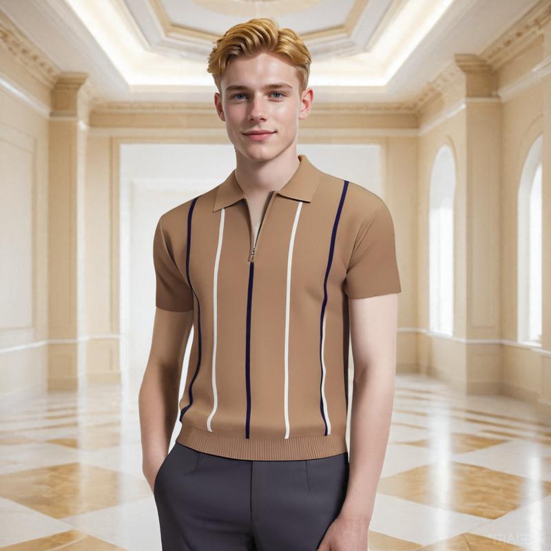 Летняя новая футболка из ледяного шелка в корейском стиле облегающая модная простая с лоскутным узором в полоску вязаная с коротким рукавом мужской топ с рукавом до локтя M 2135₽