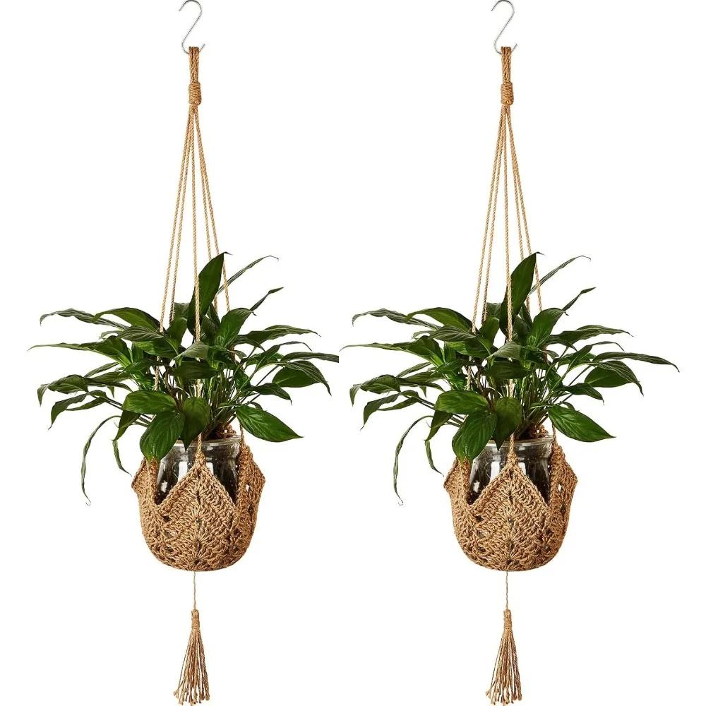 2Pcs Hanging Basket Plant Handmade Macrame Plant Hanger Flower Pot Planter Hanger Wall Decor Courtyard Garden Hanging Planter