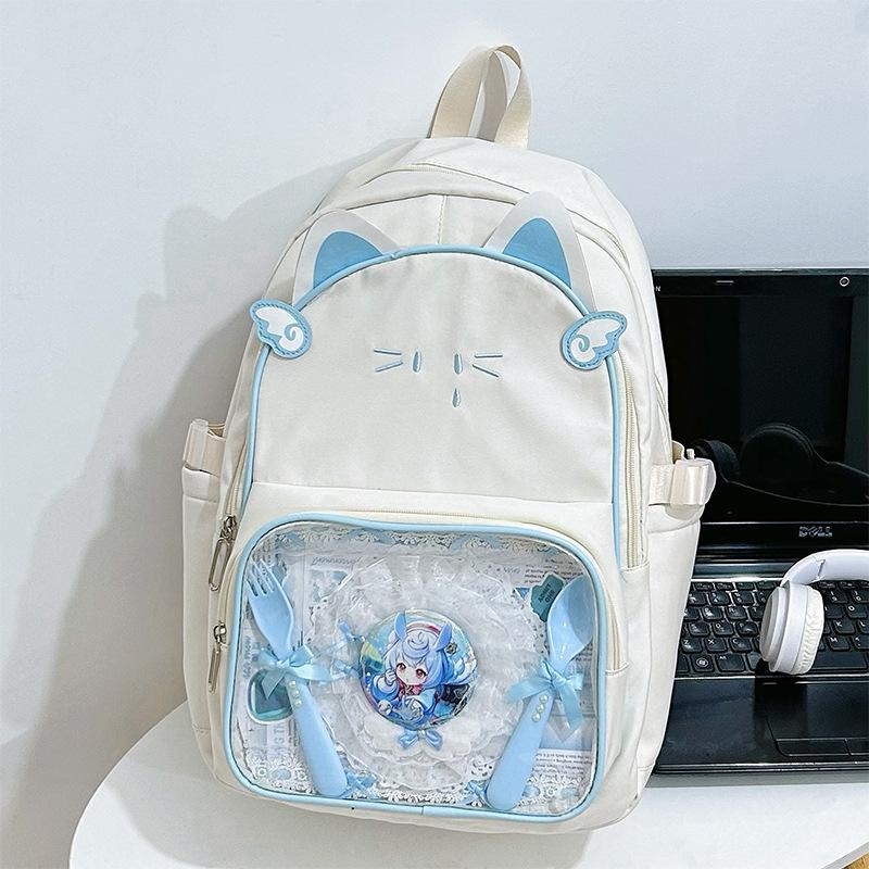 Large-capacity Schoolbag, Female Junior High School Student Kitten Backpack, Student Japanese Pain Bag Ins Wind Transparent Backpack Tide