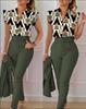 Floral Lotus Leaf Sleeve Top Solid Pants Set Women Casual 2 Piece Outfit with Belt