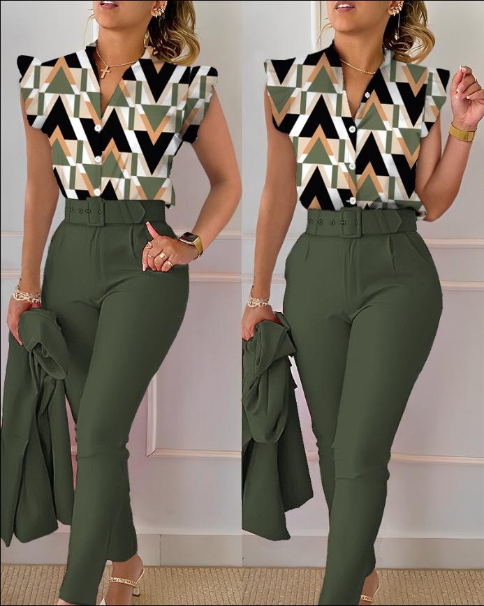 Floral Lotus Leaf Sleeve Top Solid Pants Set Women Casual 2 Piece Outfit with Belt