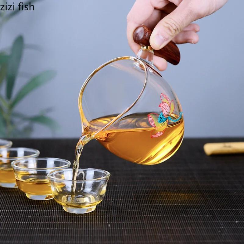 Thickening Glass Teapot Wooden Handle Kettle Justice Cup Kung Fu Tea Set Tea Distributor Teacup Teakettle Water Bottle Teaware