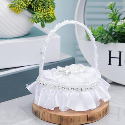Wedding Ring Basket Flower Decor Rhinestone Solid Color Heart Shape Mesh Hold Ring Lace Fabric Bow-knot Ring Holder