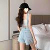 Women's High Waist Ripped Denim Overall Shorts - Retro Wide-Leg, Raw Hem, Age-Reducing Hong Kong Style