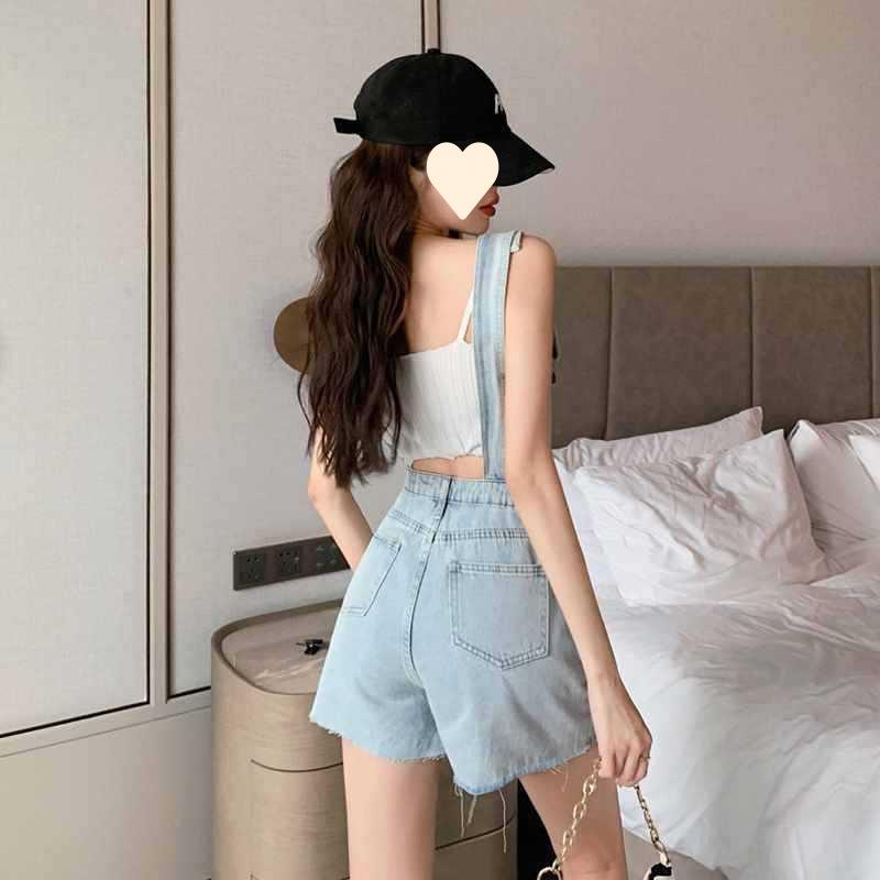 Women's High Waist Ripped Denim Overall Shorts - Retro Wide-Leg, Raw Hem, Age-Reducing Hong Kong Style