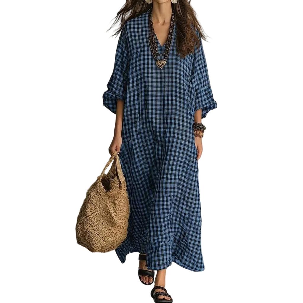 Women's Retro Plaid Loose Fit Cotton Linen Casual Dress