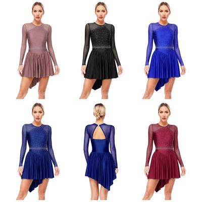 Figure Skating Competition Dress - Glittery Rhinestones Cutout Back Sheer Mesh Long Sleeve with Asymmetrical Hem