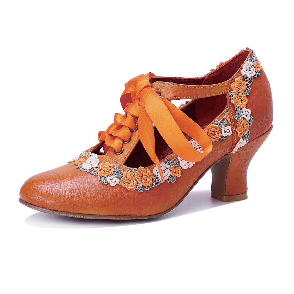 Johnature Handmade Women's Pumps Genuine Leather Retro Lace Flower Mary Jane Lace-up High Heels