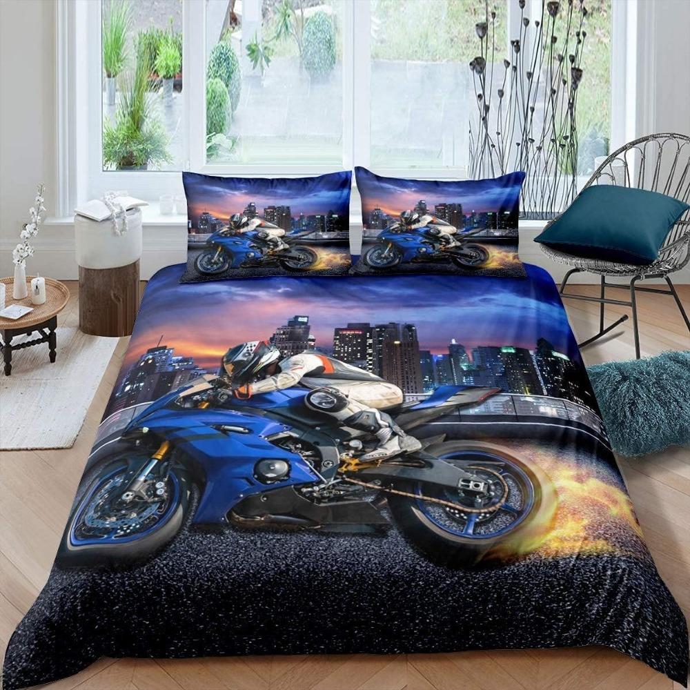 Motocross Bedding Sets, 3D Printed Pattern of Extreme Sports Motorcycle Theme Duvet Cover with 2 Pillowcases, Adults and Kids