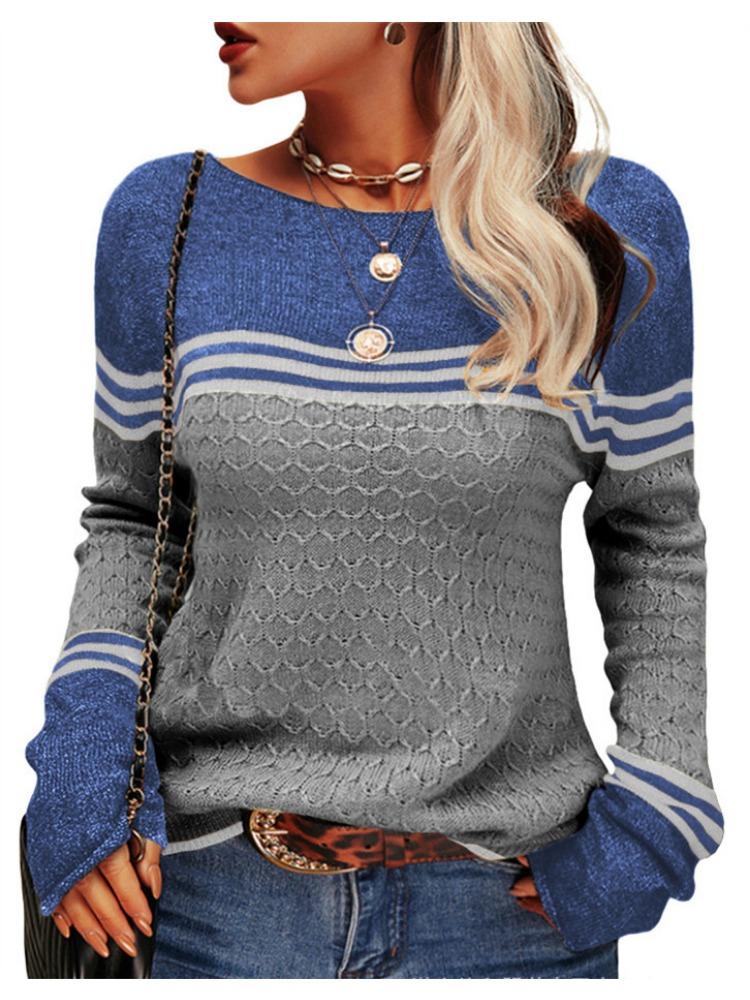 

Осень Зима Женский Элегантный Повседневный Топ на Шнуровке с Длинным Рукавом Вязаный Полосатый Цветной Блок Круглый Вырез Роскошный Свободный Универсальный Топ S