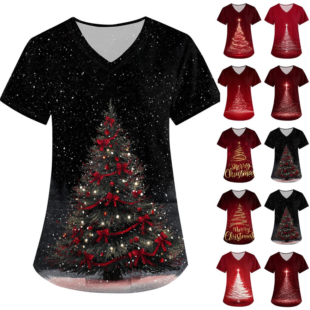 Women's Christmas Print Loose V-Neck Pocket Short-Sleeved Uniform