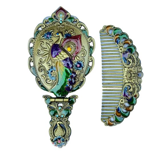 Vintage Folding Hand Mirror with Carved Comb Portable Travel Long Handle Metal Makeup Mirror Women Decorative Handheld Desk Vanity Mirror