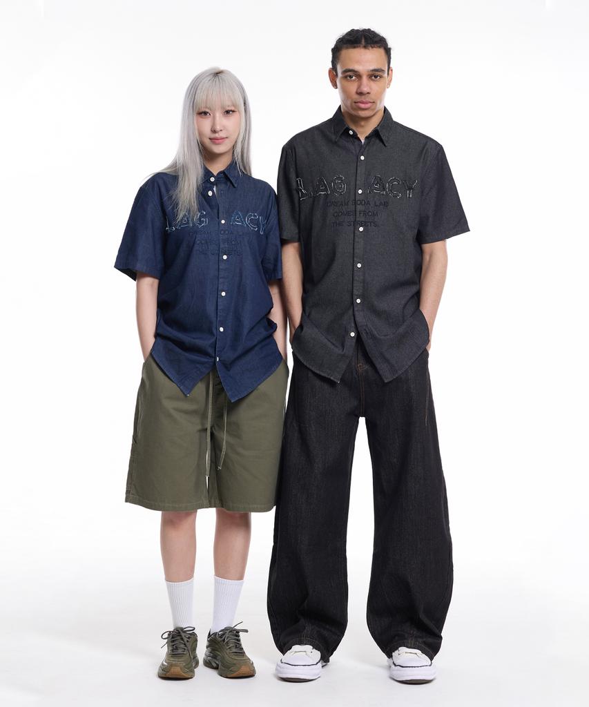 CREAM SODA LAB Applique Embroidered Lettering Denim Collared Short Sleeve Shirt Black