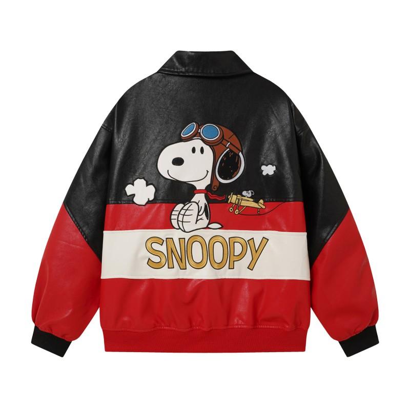 American Street Style Color Block Cartoon Embroidered PU Leather Jacket Loose Fit Couples