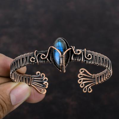 Bracciale rigido in labradorite avvolto in filo di rame, bracciale rigido regolabile, bracciale rigido con pietre preziose, bracciale rigido fatto a mano, gioielli in labradorite per regalo