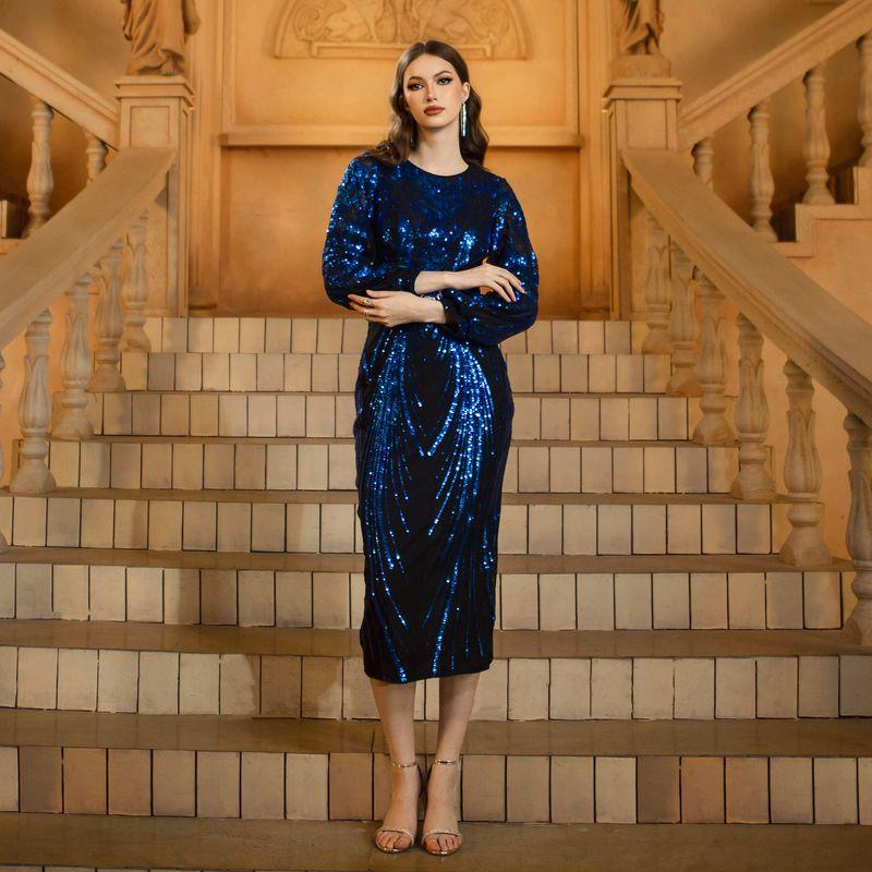 

Cross-Border European and American Fashion New High-End Long-Sleeved Round-Neck Slim-Fitting Sequined Mid-Length Evening Dress Dress Royal Blue S