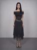 BOUNDARY Glam Double Layer Flared Mesh Long Skirt Bk_B261Msd111