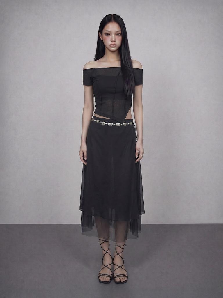 BOUNDARY Glam Double Layer Flared Mesh Long Skirt Bk_B261Msd111