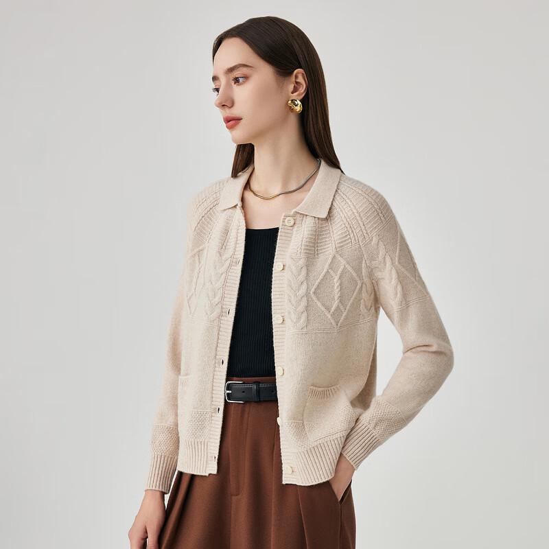 Zhao Jun Women's Thick 100% Wool Cable Knit Polo Collar Cardigan