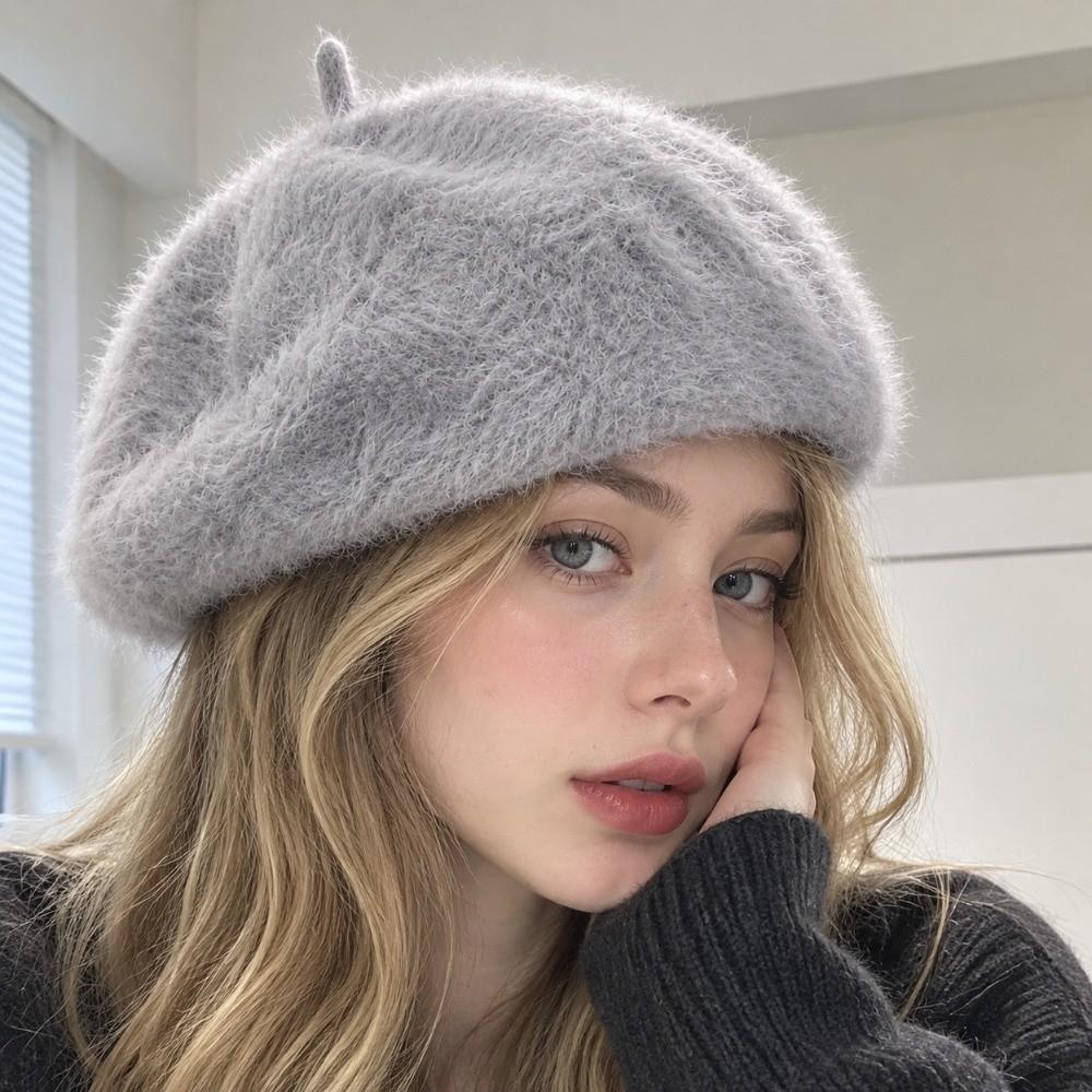 Soft Pumpkin Painter Cap Solid Color Plush Octagonal Cap Elegant Faux Mink Beret Autumn