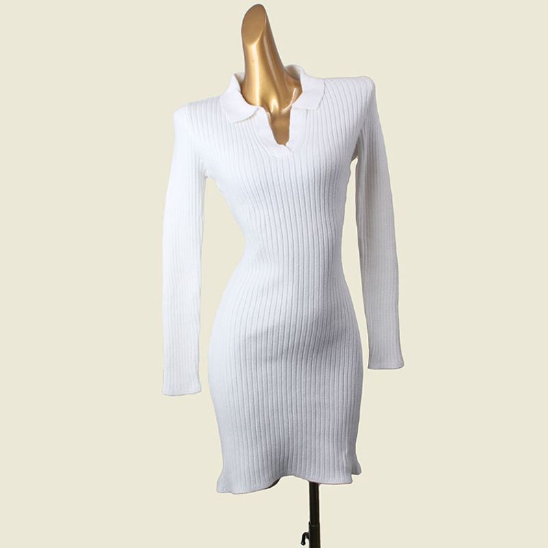 

Autumn Simplicity Polo Collar Silm Waist-Tight Bodycon Dress Sunken Stripe Long Sleeves Knitting Dress White S