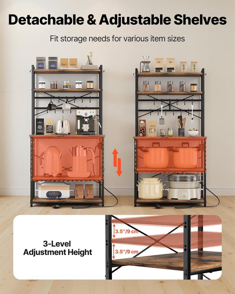 Kitchen Bakers Rack, 1.5m Power Cable Bakers Rack with Power Outlet, Kitchen Stand with X-Shaped Support Bar, 12 S-Shaped Hooks, Coffee Bar Stand for