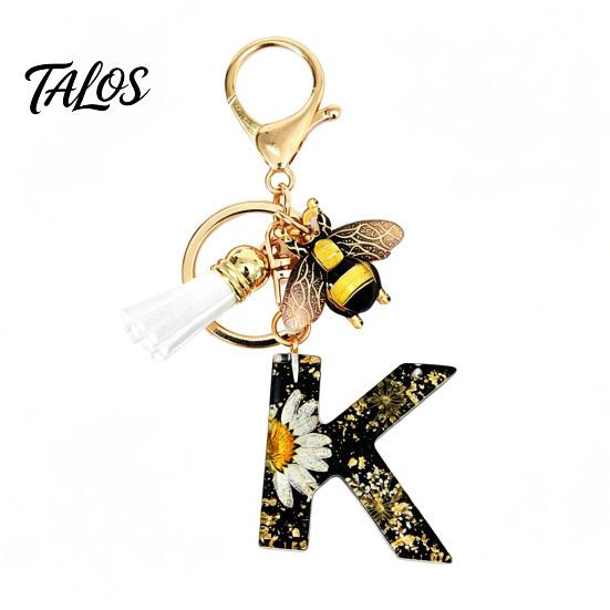 Talos Black Series Keychain Pendant, Dried Flower Initial Letter Charm Key Chain with Bee Tassel Design, A-Z Holder for Bag Purse Backpack