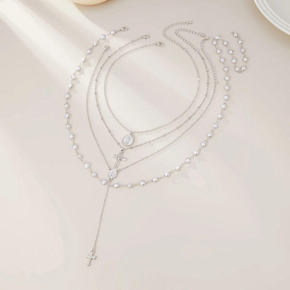 Cross Cross Pendant Necklace Multilayer Clavicle Chain Simple Imitation Pearl Necklace  Gift
