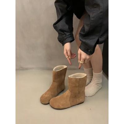 Cowhide Version~ Retro Round Head Snow Boots Women's Plush Warm Fluffy Cotton Boots Two Wear Flat Boots Short Boots