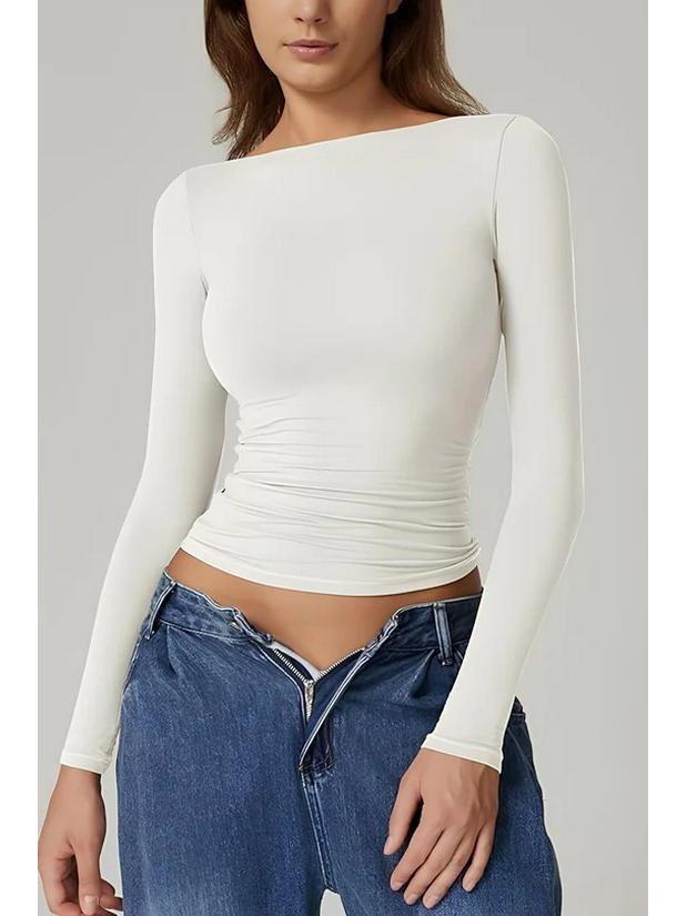 

Топы с открытой спиной и длинными рукавами в европейском и американском стиле, приталенного силуэта - Сексуальные, стильные осенние футболки с круглым вырезом для женщин Large белый