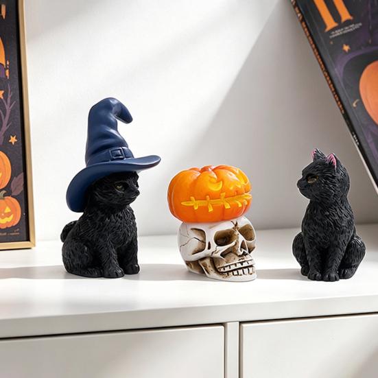 Halloween Cat Figurine, Resin Witch Hat/Moon/Pumpkin/Skull Cat Statue for Halloween Tabletop, Mantel, Shelf, Desk Decor