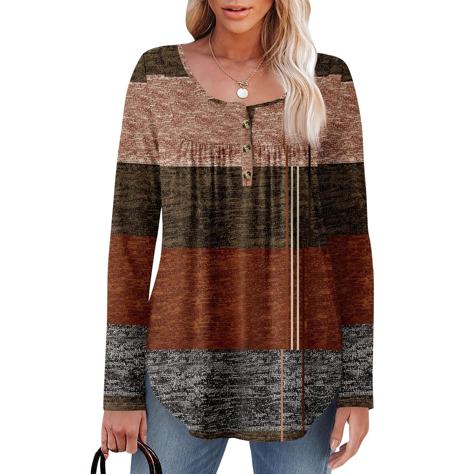 

Женская туника с длинным рукавом, свободные топы, повседневные топы оверсайз, плиссированная туника, застегивающаяся на пуговицы, повседневные женские топы с принтом M кофейный