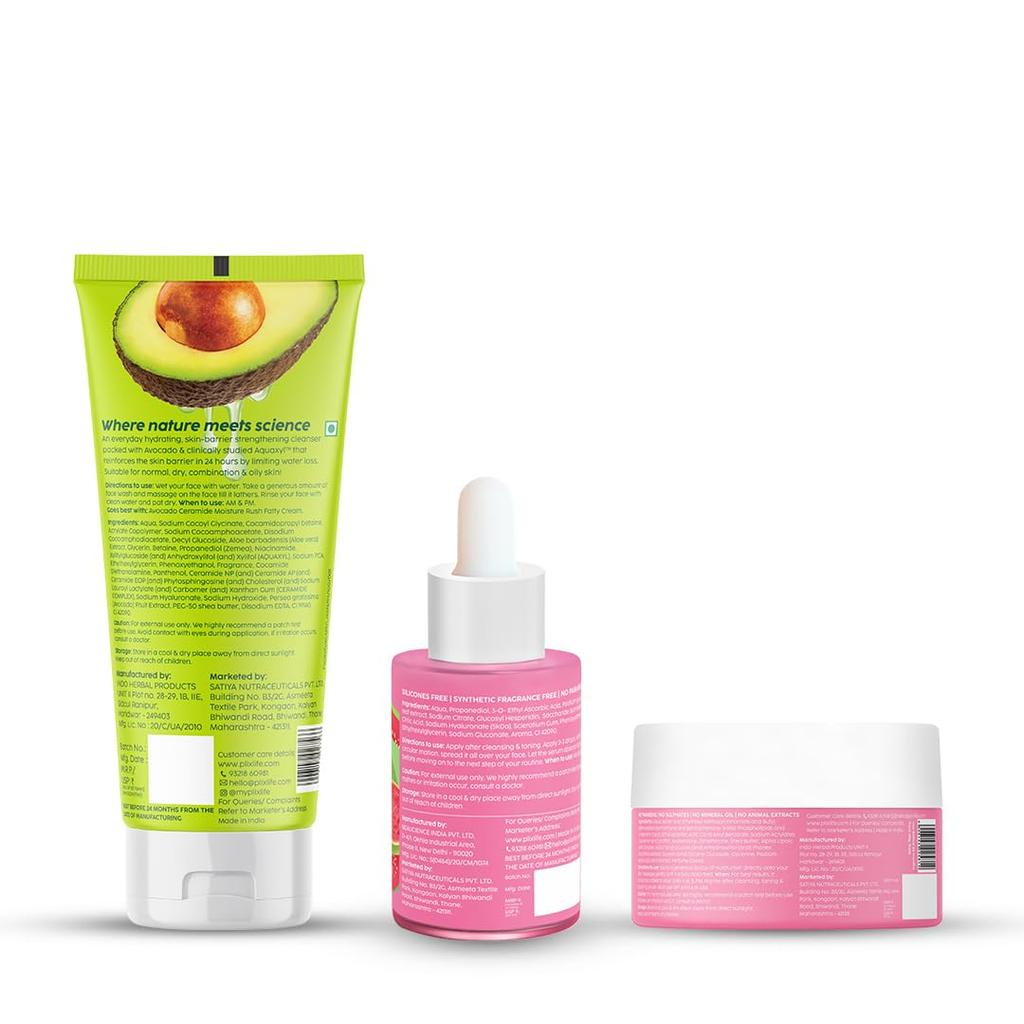 PLIX - THE PLANT FIX | Skin Brightening Combo with Avocado Ceramide Moisture Rush Cleanser 100ml, 10% Vitamin C Serum 20ml & Guava Glow Smoothie Mo
