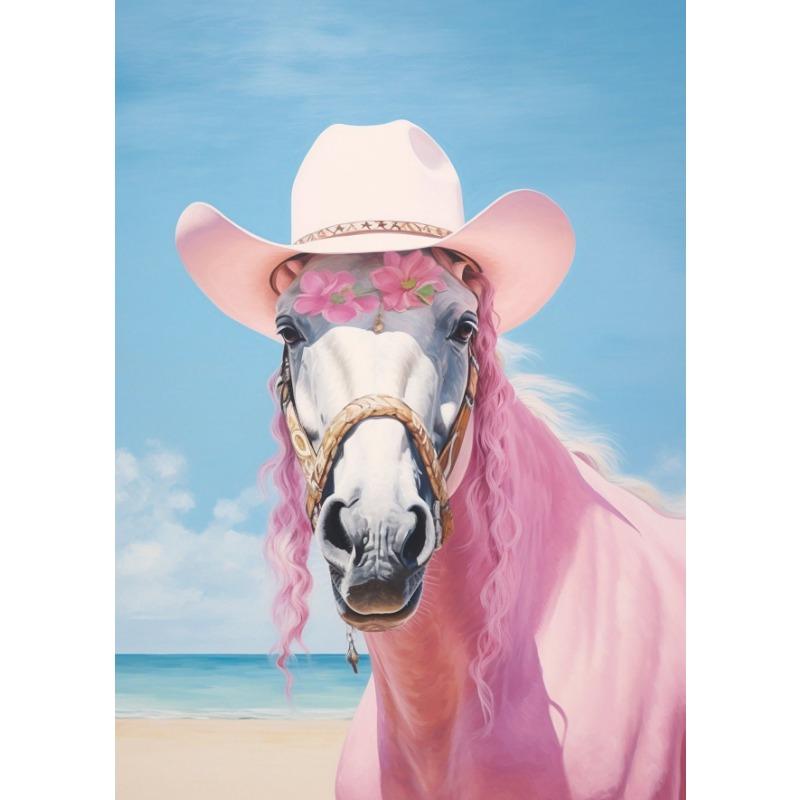 Pink Horse Coastal Beach Champagne Poster Boat Farmhouse  Watercolor Preppy Canvas Painting Print Boho Wall Art Girl Room Decor