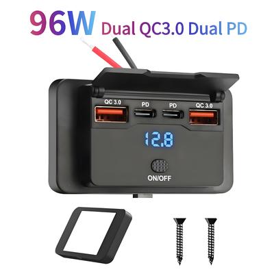 96W 4-porter 12/24V USB C-uttakspanel Dobbelt PD-veggmontert billaderuttak med knapp Vanntett stikkontakt Tilbehør for billastebil Båtbuss-bobiler