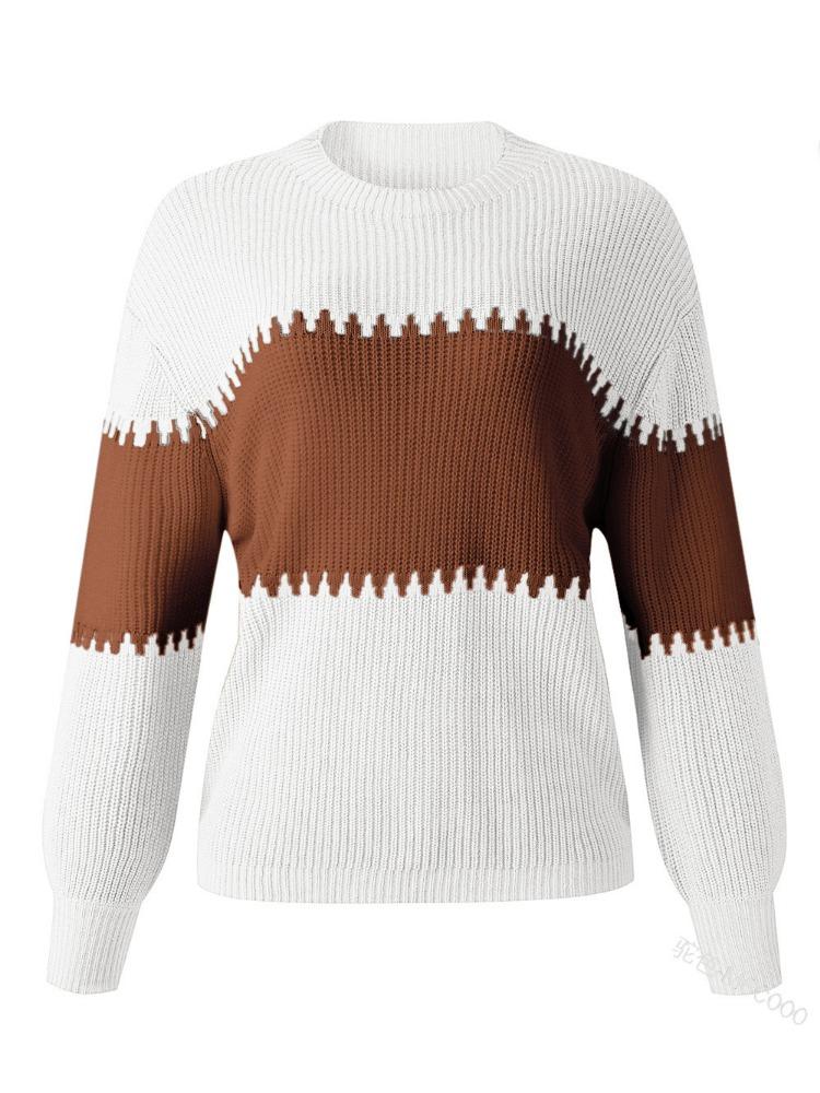 Contrast Colour Striped Knitted Sweater for Women Bell Sleeves Top Women's Round Neck Luxurious Relaxed-fit Slimming and Versatile Top