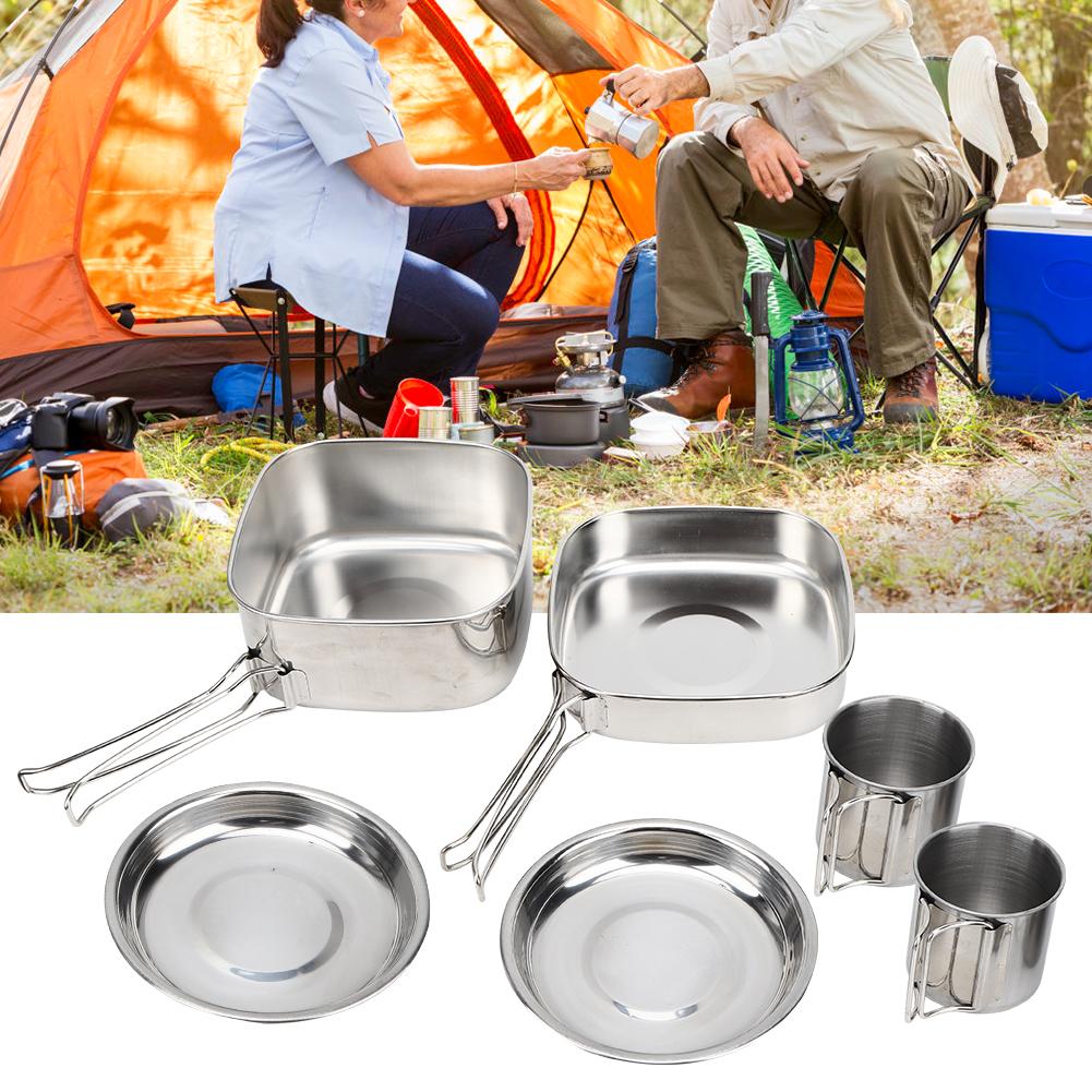 6Pcs Set Stainless Steel Outdoor Camping Cookware Utensils Portable Frying Pan Cups Pot Tableware for PicnicSilver