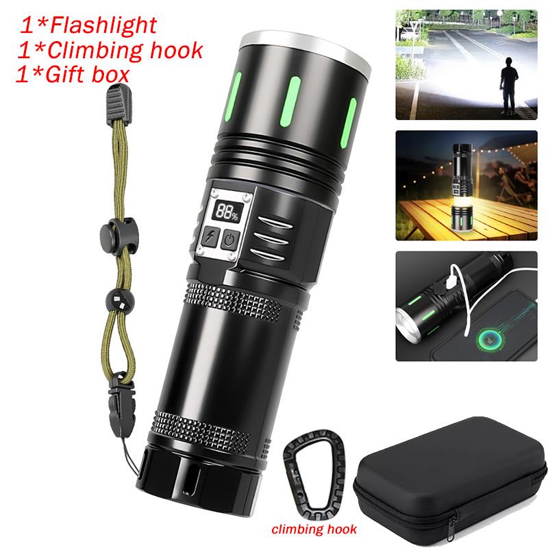 2-in-1 Rechargeable LED Flashlight Built-in Battery High Power Zoom Handheld Tactical Light Power Bank Outdoor Camping Torch
