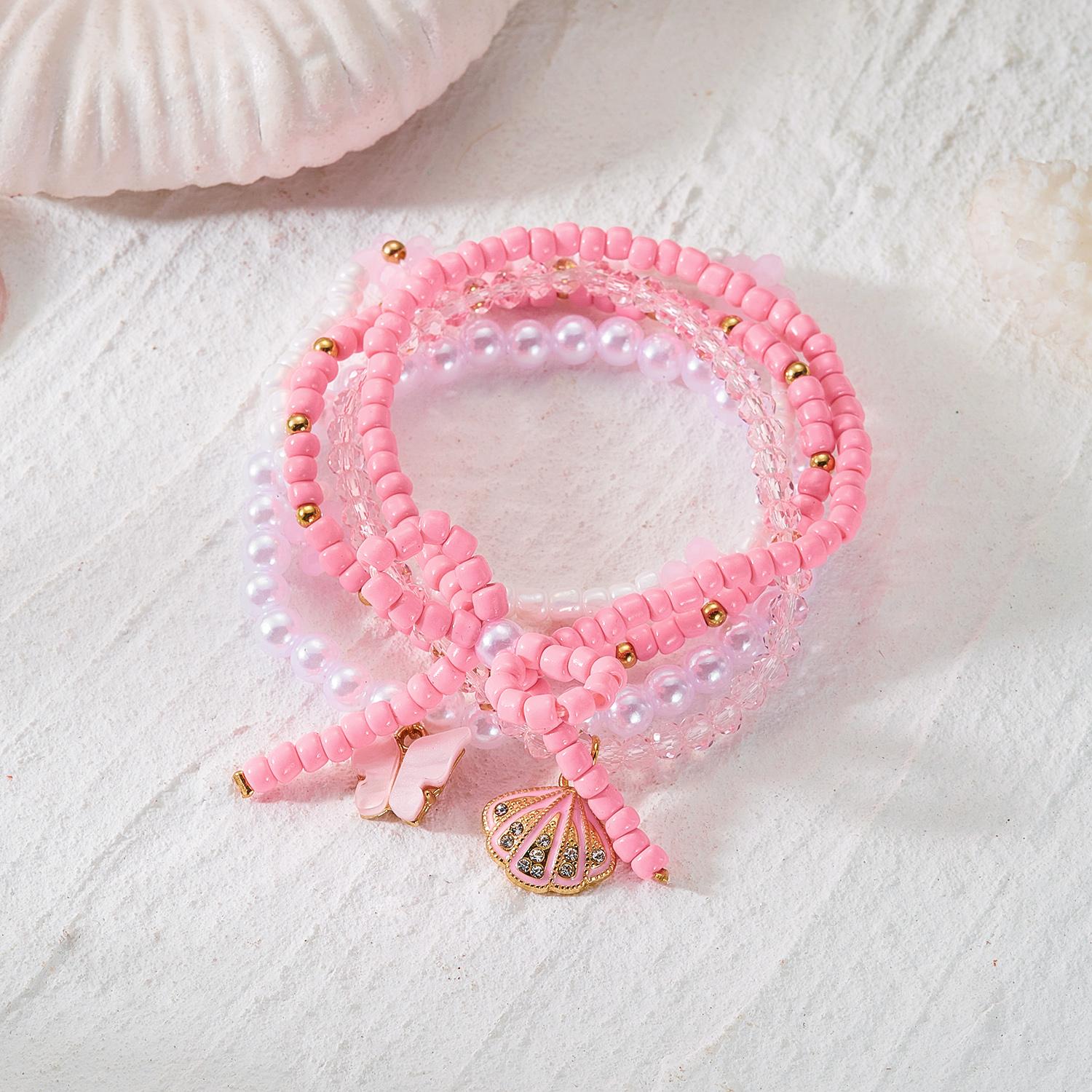 

Boho Bow Flower Butterfly Chain Bracelets Set for Women Shell Imitation Pearl Layered Beads Elastic Bracelet Party Jewery Gift