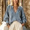 Women's Retro V-Neck Shirred Top Loose Fit Casual Blouse
