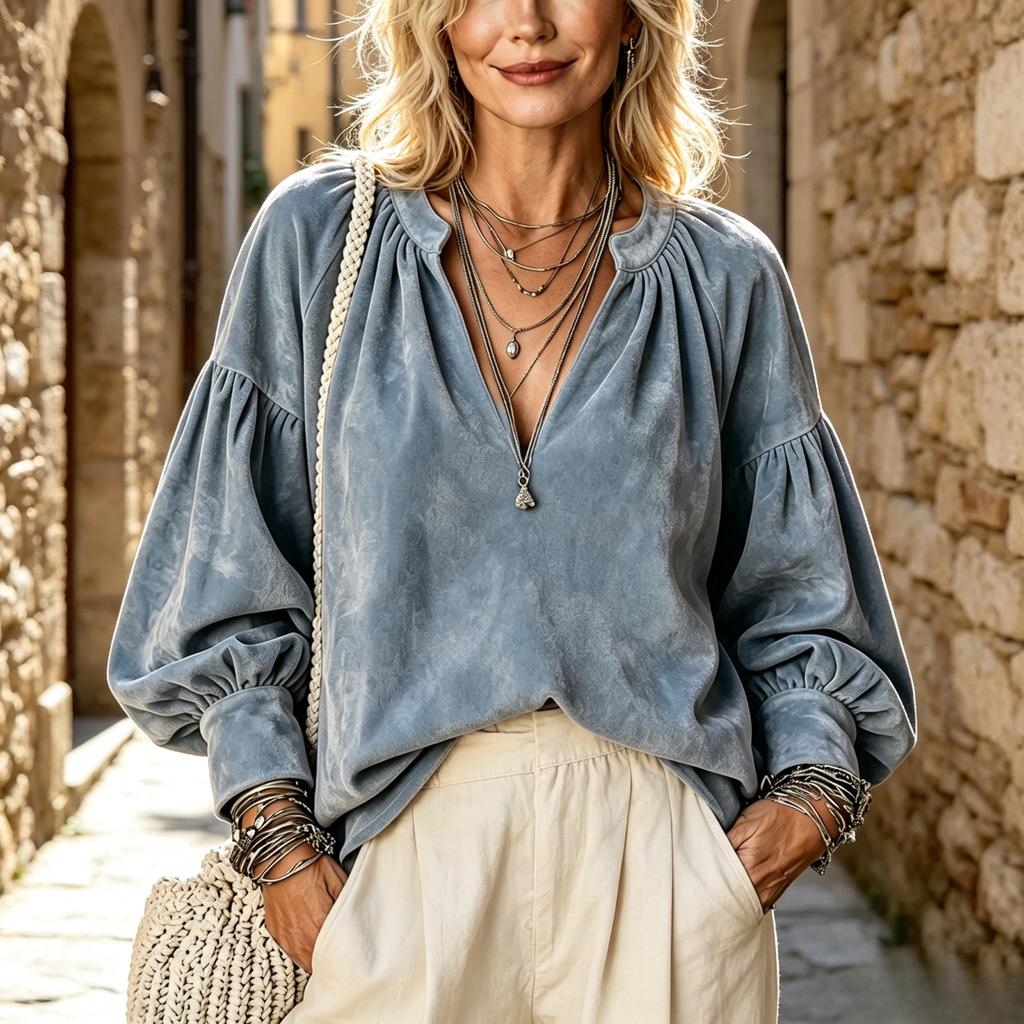 Women's Retro V-Neck Shirred Top Loose Fit Casual Blouse