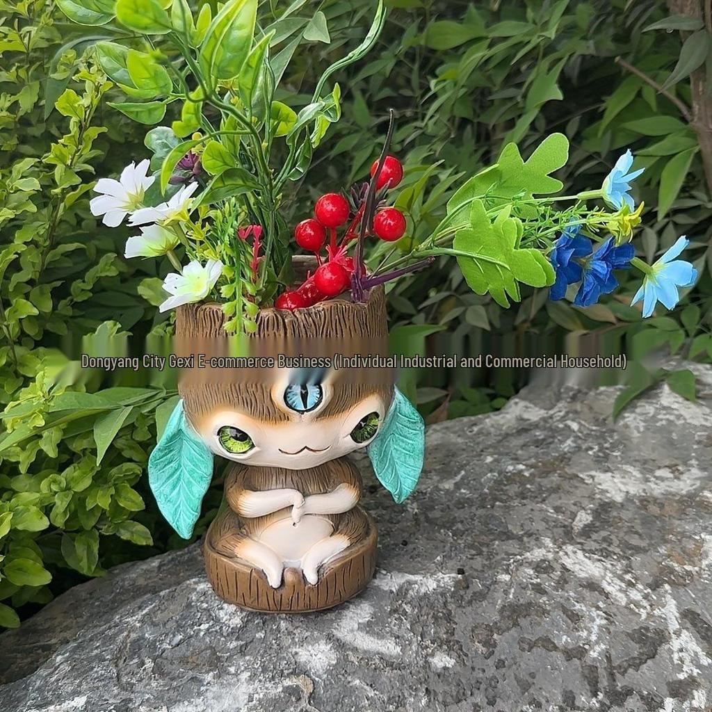 Bedårande sittande stor mage blomkruka skulptur för trädgård eller gräsmatta