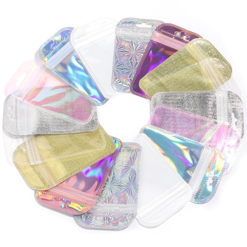 20pcs Iridescent Ziplock Bags Colorful Laser Nail Cosmetic Plastic Package Bag For Jewelry Storage Bracelet Earrings Package Bag