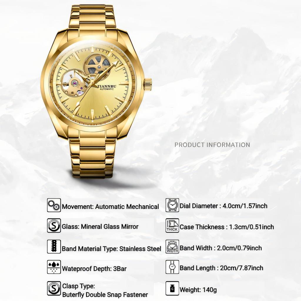 Gold Automatic Mechanical Watch for Men Luxury Skeleton Stainless Steel Waterproof Luminous Business Dress Wristwatch