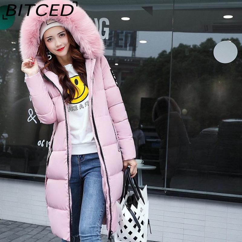 BITCED Autumn/Winter Women's Long-Length Cotton Coat with Hood and Large Fur Collar Down-Filled Cotton-Blend Padded Jacket