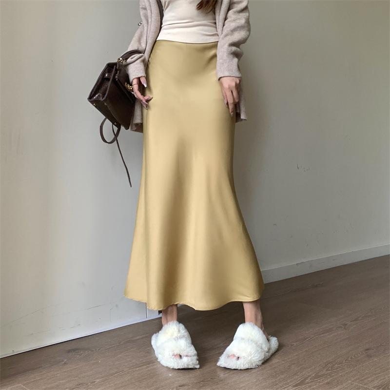 Women's Plain Satin Skirt High-Waist Solid Color Mid-Length Korean Style