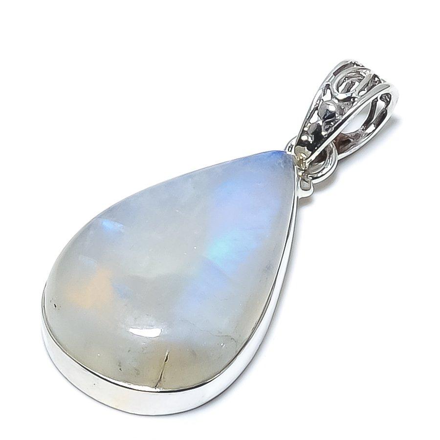 Natural Rainbow Moonstone Gemstone 925 Solid Sterling Silver Pendant 1.69" i6N55