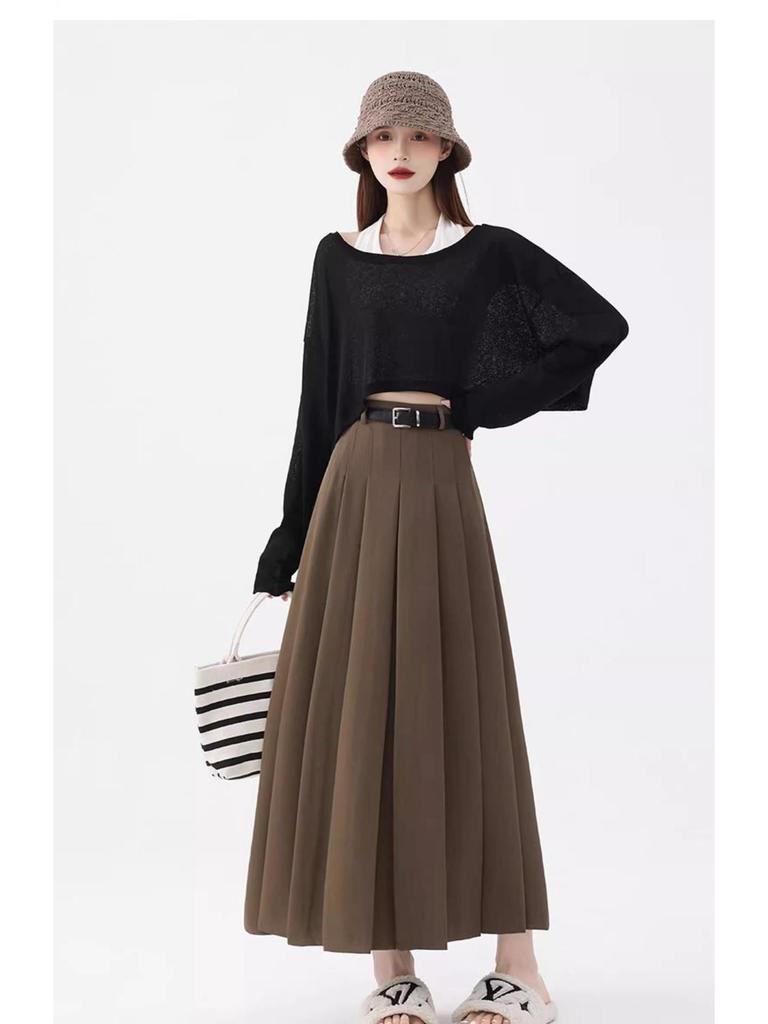 Women's High Waist Gray A-Line Pleated Mid-Length Skirt - Spring, Summer, Autumn 2025