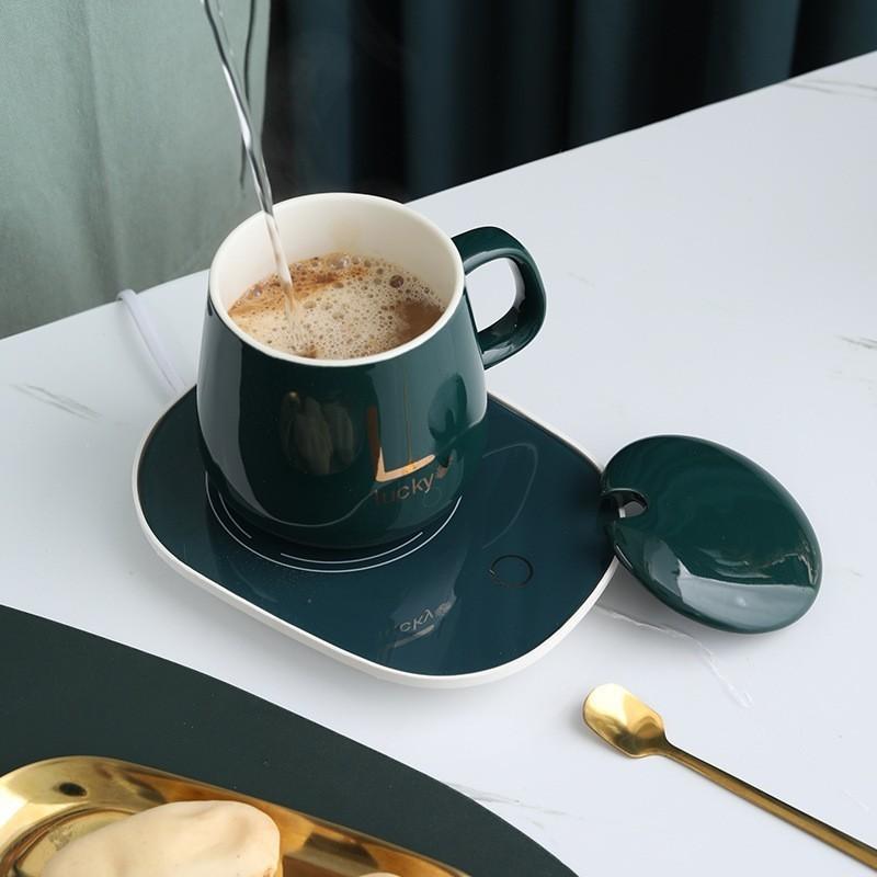 1 Sæt 55℃ Termisk Keramik Kaffekop Bærbar USB Genopladelig Opvarmningskop Med Rustfrit Stål Ske Gavekit Til Rejse Kontor Gave